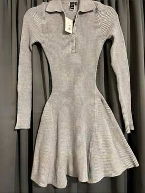 Windsor Gray Ribbed Collared Long-Sleeve Fit & Flare Dress